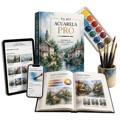 Mockup de Tu Kit Acuarela Pro: libro, tablet y materiales de acuarela