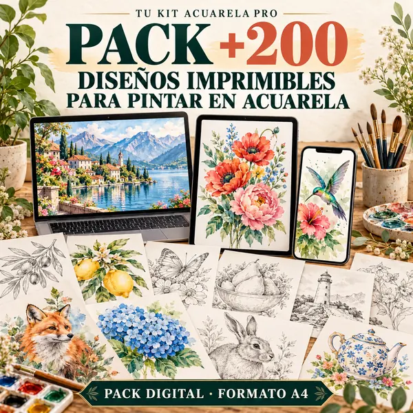 Pack de más de 200 diseños imprimibles para pintar en acuarela