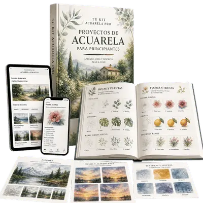 Mockup de +100 Proyectos de acuarela paso a paso: libro abierto y dispositivos